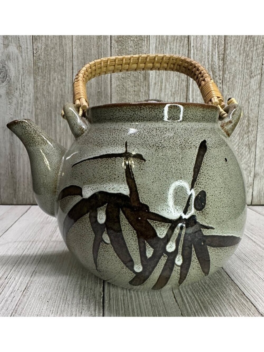 Vtg Japanese Teapot with Lid Painted Olive/Brown 5.5"x 5.5" Wicker Handle Decor